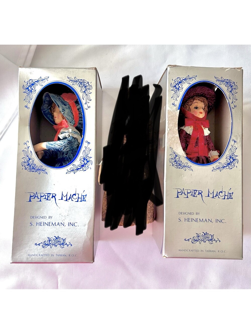 2  Vtg Papier Mache S. Heineman Handcrafted 9" Dolls Christmas Village Carolers